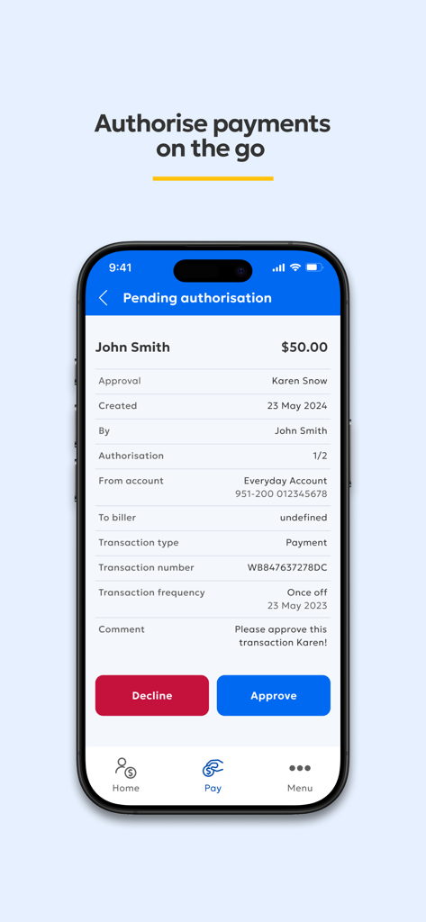BOQ Specialist Mobile Banking - Écran de smartphone montrant une autorisation de paiement en attente dans l'application bancaire BOQ Specialist