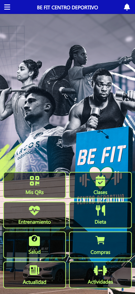 BE FIT CENTRO DEPORTIVO - Panel principal de la app del gimnasio BE FIT con categorías de entrenamiento y dieta