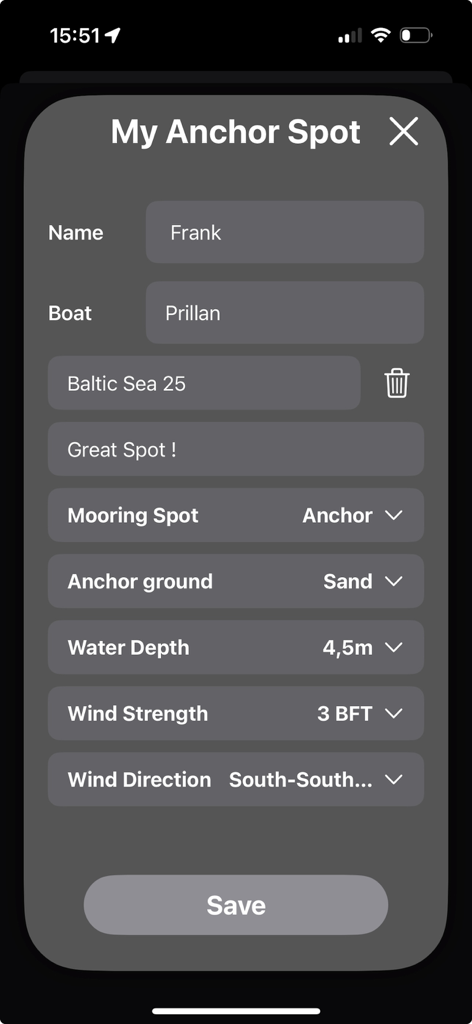 Ankerwache Pro - 水深や風などのアンカー設置場所の詳細を記録するためのAnkerwache Proアプリインターフェース