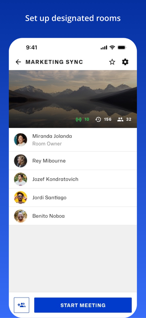 Eyeson app interface showing a designated meeting room named Marketing Sync with a list of participants and a start meeting button