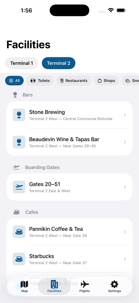Facilities screen in the San Diego Airport app showing bars cafes and boarding gates in Terminal 2