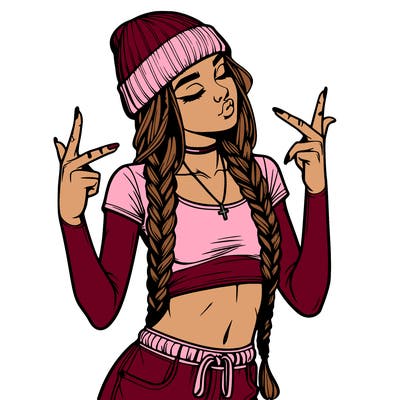 realistic teenage girl with braids and a beanie and crop top doing 🫶🏼