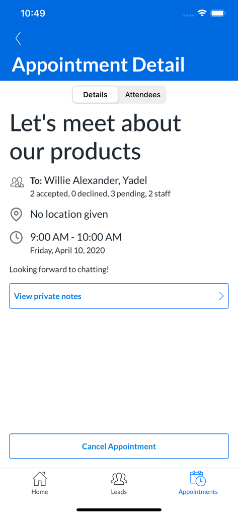 Cvent LeadCapture - Cvent LeadCapture app displaying appointment details with meeting title, attendees, date, and time