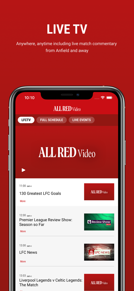 ALL RED Video Official App - Screenshot of the ALL RED Video app showing the live TV schedule and program highlights for Liverpool FC.