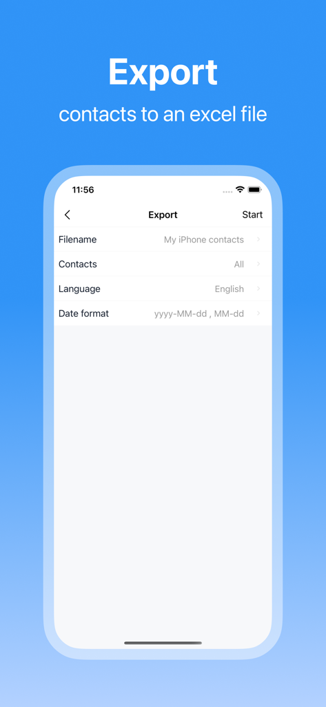 iPhone 연락처를 Excel 스프레드시트로 내보내는 설정을 보여주는 SA Contacts Lite 앱의 인터페이스