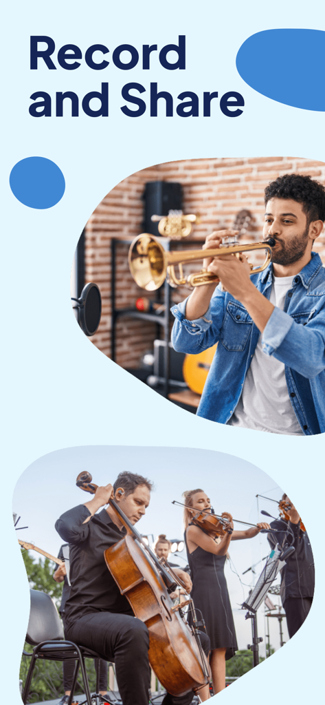 Sheet Music Reader Halbestunde - トランペットを演奏する男性と、録音と共有のテキストオーバーレイが表示されたオーケストラアンサンブルの演奏