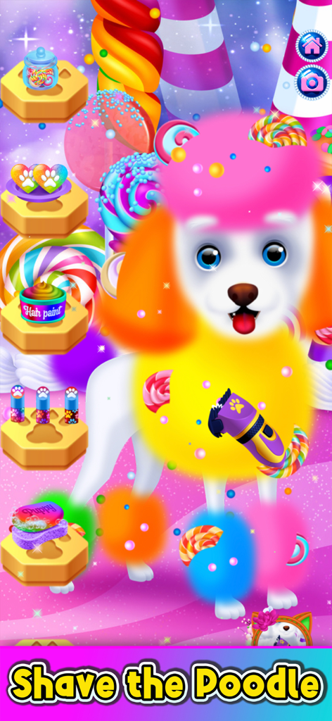 Pet Games: Rainbow Unicorn - Um poodle colorido sendo cuidado e estilizado no aplicativo móvel Jogos de Pets Unicórnio Arco-Íris