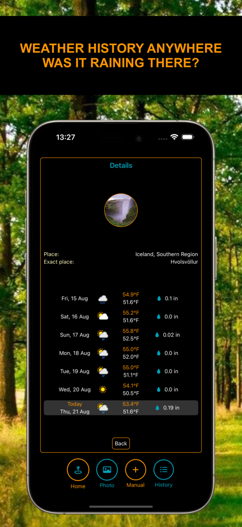 Where2Go: GPS Photo Compass - Interfaccia dell'app Where2Go che mostra dati meteorologici storici per una posizione in Islanda, inclusi temperatura e precipitazioni