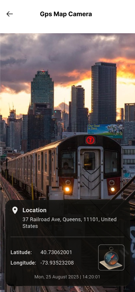 Una foto geoetiquetada que muestra las coordenadas GPS y la dirección de un tren subterráneo en Queens