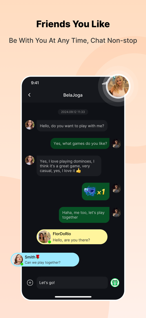 Alii app chat screen showing a conversation between users about playing casual games and making friends