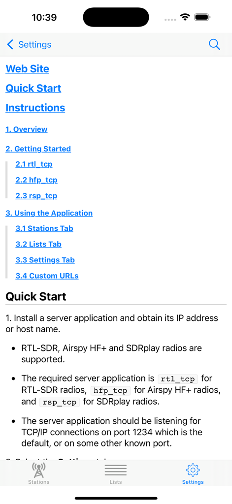 Quick Start guide and instructions on the settings screen of the SDR Receiver mobile app.