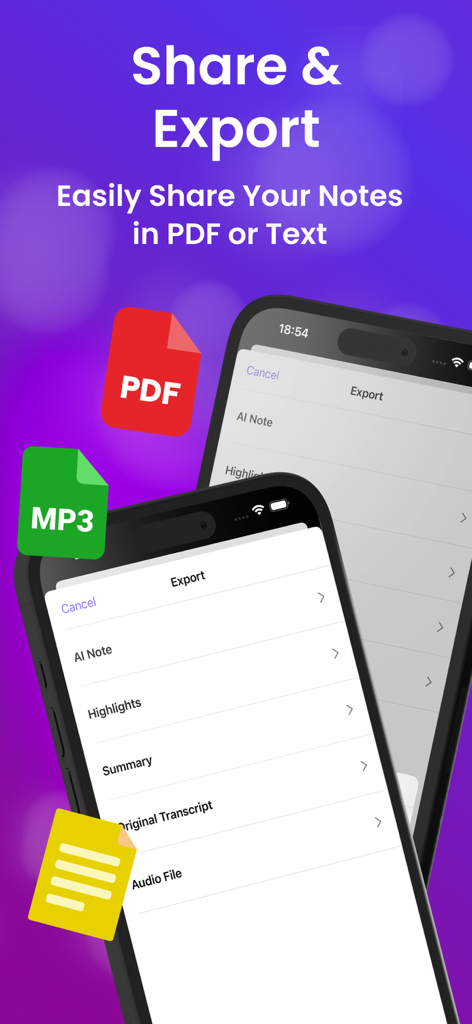 Eine mobile Benutzeroberfläche der Transcribe AI App, die Optionen zum Exportieren von Notizen, Highlights und Zusammenfassungen in PDF- oder Textformaten zeigt.