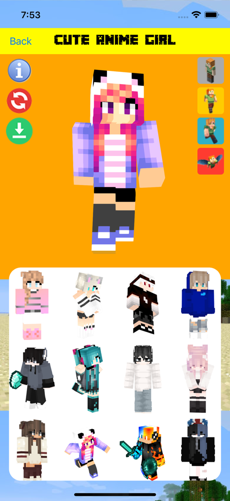 Aesthetic Skins for Minecraft - Interface of the Aesthetic Skins for Minecraft app showing a 3D preview of a cute anime girl character and a grid of various trendy skins.