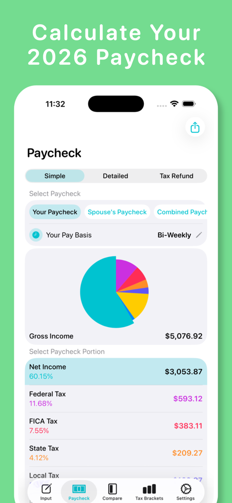 My Paycheck Calculator - My Paycheck Calculator app interface showing a 2026 paycheck estimation with gross income, net income, and tax deductions illustrated by a pie chart