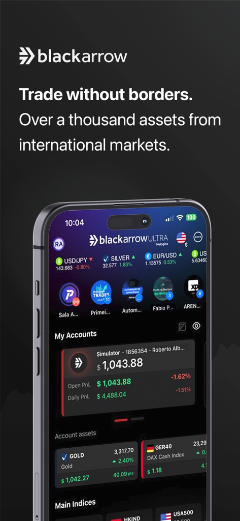 BlackArrow mobile app interface displaying international trading assets and real-time account data on a smartphone screen.