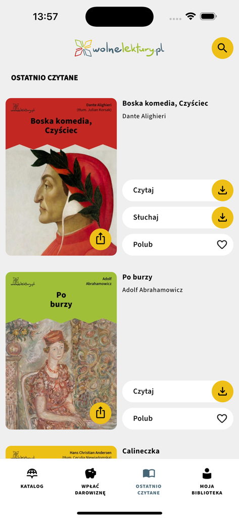 Mobile interface of the Wolne Lektury app showing a list of recently read Polish ebooks and audiobooks with read and listen options