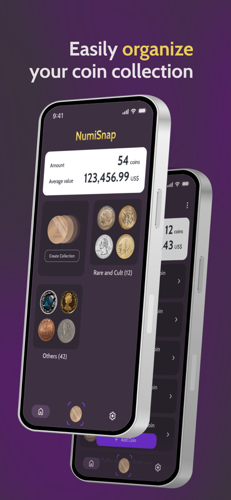 NumiSnap: Coin Value ID - Interface móvel para NumiSnap mostrando coleções de moedas organizadas com seu valor de mercado total estimado