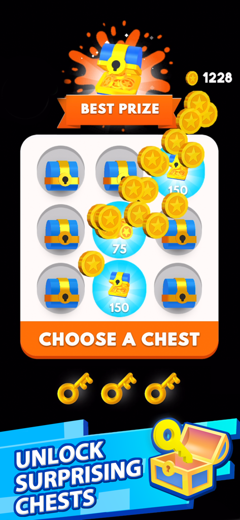 Pantalla del juego Helix Jump mostrando una secuencia de apertura de cofre con monedas de oro y llaves para desbloquear recompensas