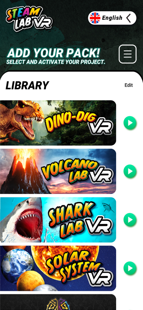 Steam Lab VR - Steam Lab VR app library screen featuring educational modules for Dino Dig, Volcano Lab, Shark Lab, and Solar System.
