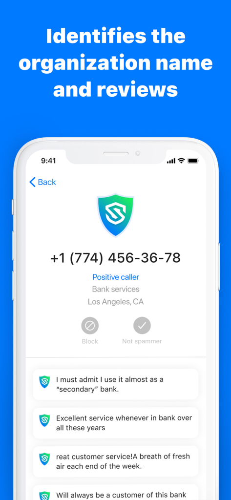 Spam Call Blocker Scam Shield - Screenshot of caller ID displaying organization name and user reviews to identify a legitimate bank call