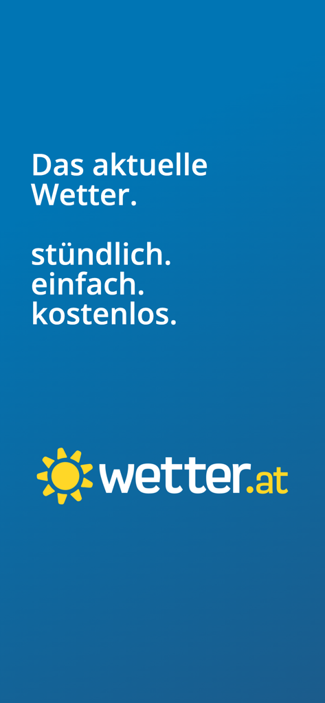 wetter.at - 파란색 배경의 wetter.at 오스트리아 날씨 앱 로고 및 슬로건