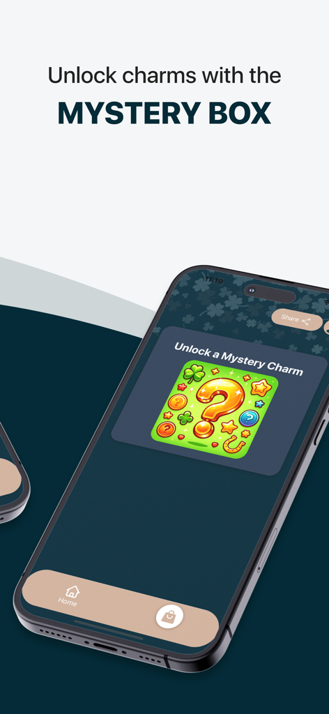 Lucky Charms App - Lucky Charms App interface showing the mystery box feature to unlock digital lucky charms