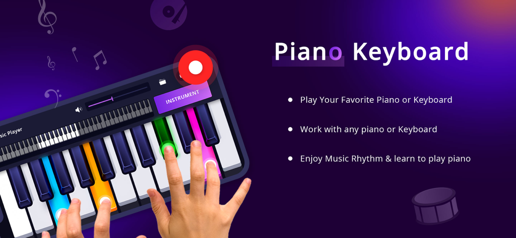 Digitales Klavier mit bunten Tasten und spielenden Händen