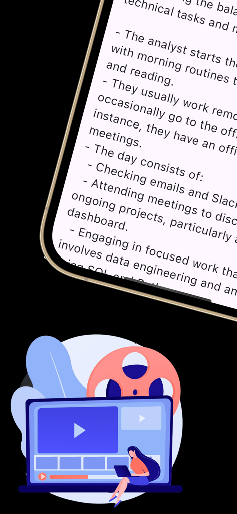 TubeAI: Summarizer for YouTube - Aplicación TubeAI que muestra un resumen con viñetas de un video de YouTube en la pantalla de un móvil