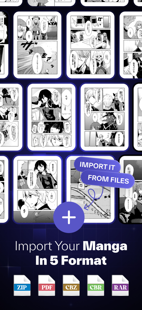 Manga Translator – Mangra - Mangra app interface showing support for importing manga in ZIP PDF CBZ CBR and RAR formats