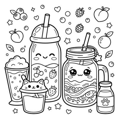 Get ready for a delightful coloring experience with our Kawaii yogurt smoothies template. This charming page features a collection of cute drinks and fruits, perfect for adding a splash of your favorite colors.