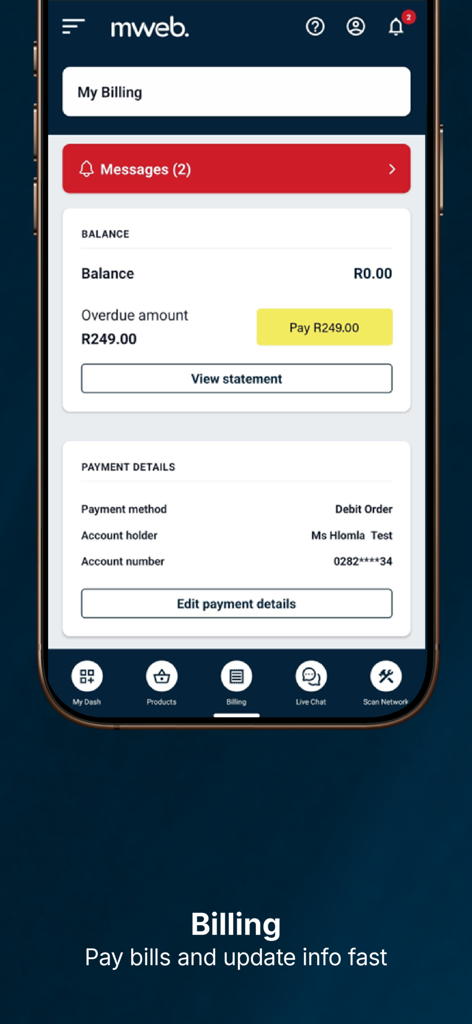 Mweb app billing screen showing account balance and payment options.