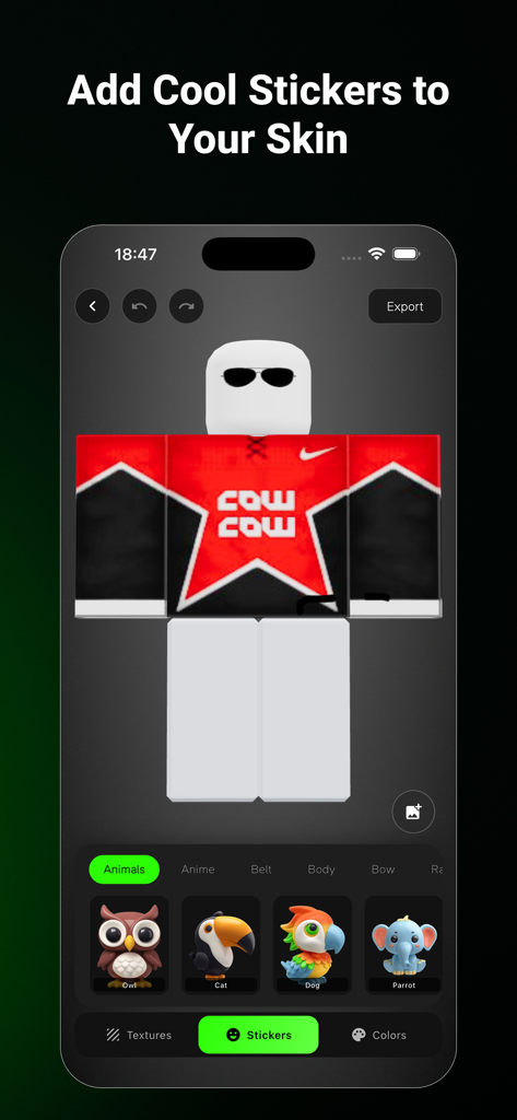 Avatar Clothes Skins Maker - A mobile app screen showing a character skin editor with a selection of animal stickers like an owl and a parrot to customize an avatar shirt.