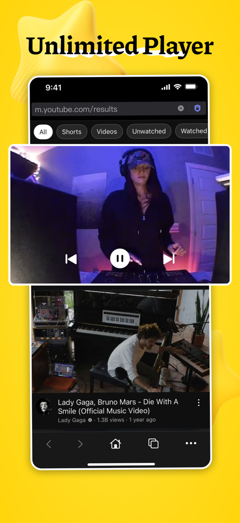 Offline: Music Player Browser - Interfaccia dell'app che mostra la riproduzione video in un browser privato con funzionalità di blocco degli annunci