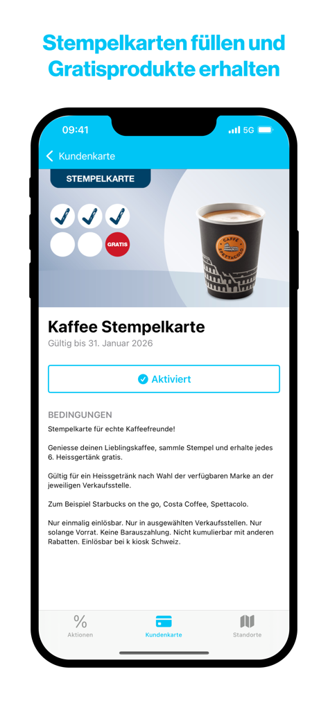 k kiosk - Digital coffee stamp card in the k kiosk app showing loyalty progress and rewards for coffee purchases