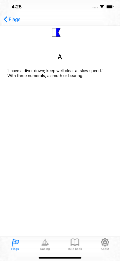 iRegatta Flags - L'app iRegatta Flags mostra il significato della bandiera di segnale marittimo A