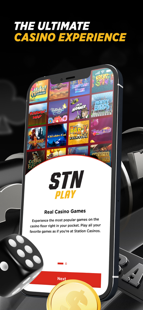 STN Play by Station Casinos - Mobile phone screen displaying STN Play by Station Casinos app featuring various slot games and rewards information