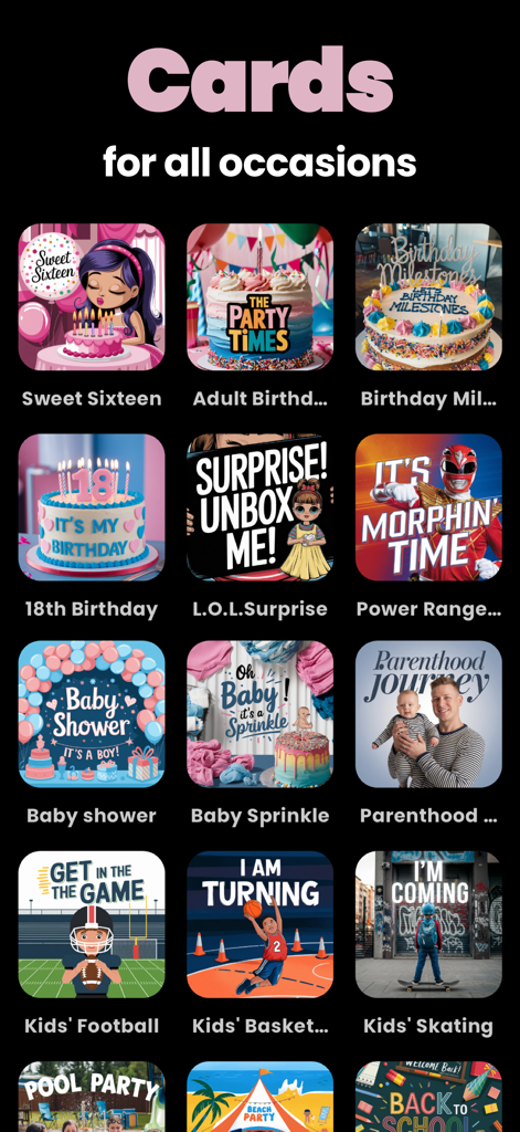 A grid display of various digital invitation card templates for birthdays baby showers and kids sporting events