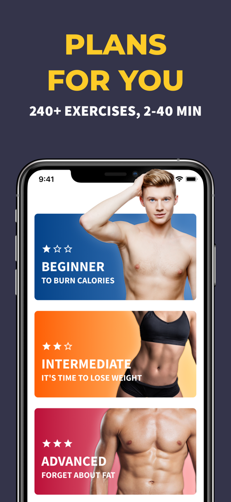Perfect Abs: Six Pack Workouts - Interface of the Perfect Abs app showing different workout difficulty levels from beginner to advanced