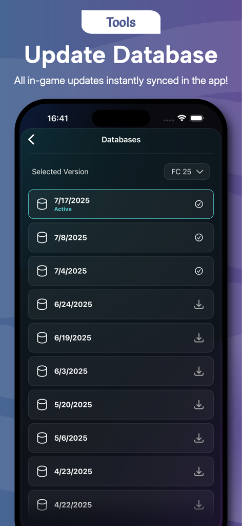 Potentials: FC26 Career Mode - List of synced player database versions in the Potentials FC 26 app.