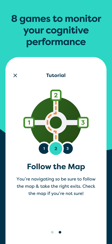 BrainTrack - BrainTrack app tutorial screen for a cognitive navigation game called Follow the Map