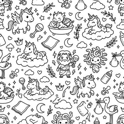 Celebrate new beginnings with this enchanting fantasy baby shower seamless pattern, filled with adorable mythical creatures and playful nursery items. Perfect for adding a touch of magic to any baby-themed project or simply for a delightful coloring escape.