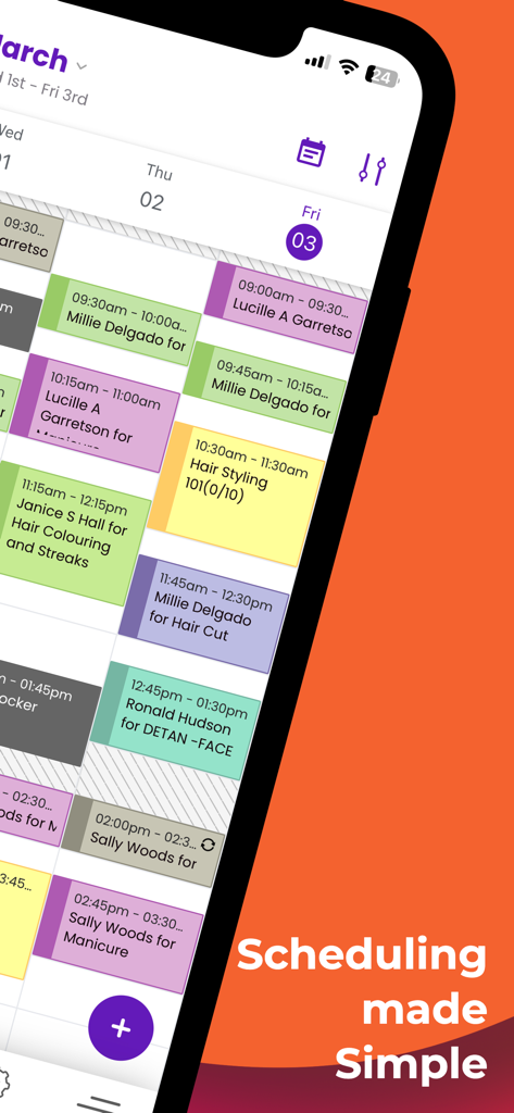 Picktime - Picktime mobile app interface displaying a color-coded daily appointment schedule for a service business