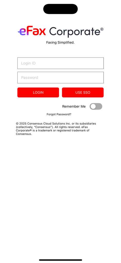 Tela de login do eFax Corporate Fax App mostrando campos de login e botão SSO