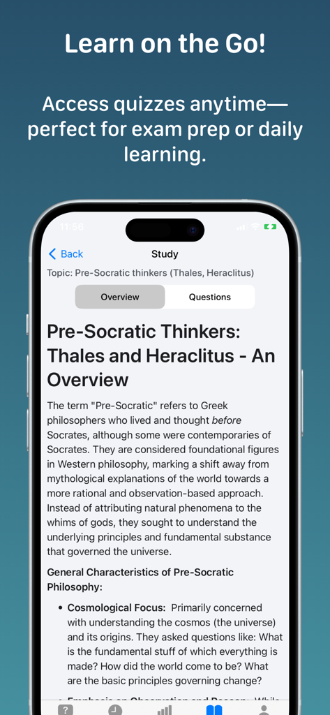 Philosophy+ - A mobile screen from the Philosophy plus app showing a study overview about Pre-Socratic thinkers Thales and Heraclitus.