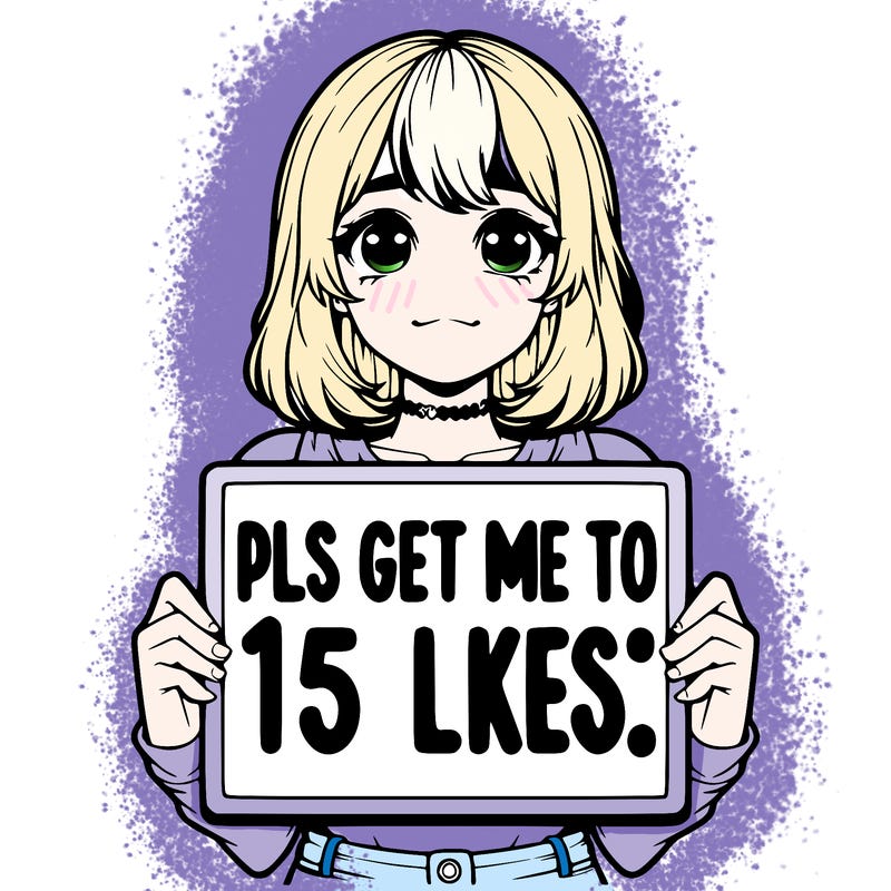 realistic girl holding up a sign that says “pls get me to 15 likes!”