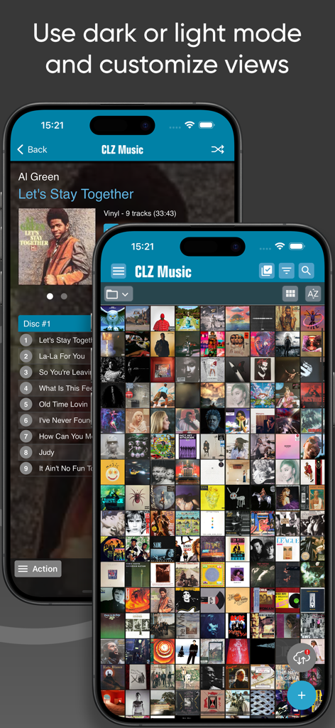 CLZ Music CD / Vinyl database - CLZ Music app screenshots showing dark mode album details and a light mode cover wall view