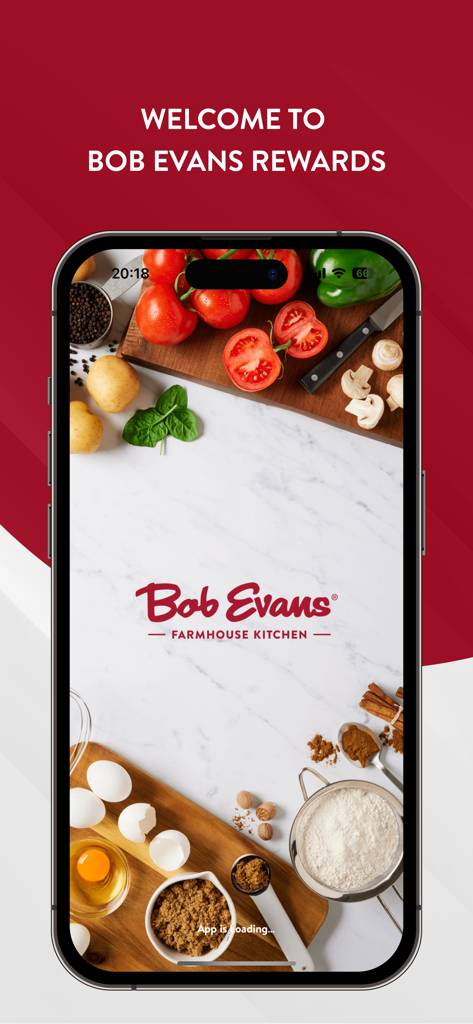 Bob Evans - Bob Evans Rewards App Ladebildschirm mit frischen Lebensmittelzutaten