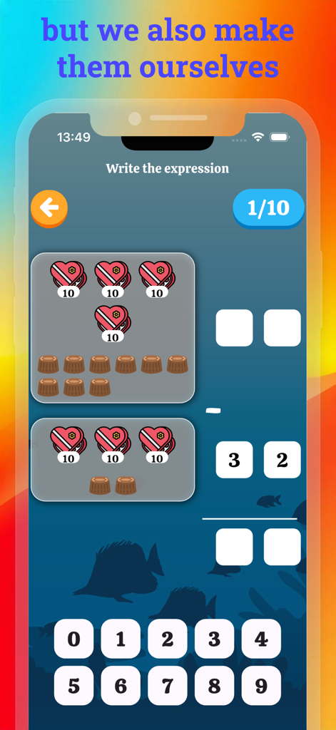 Math and number: Kids Learning - Tela de um aplicativo móvel mostrando um quebra-cabeça de lógica de subtração para crianças com auxílios visuais de contagem e um teclado numérico