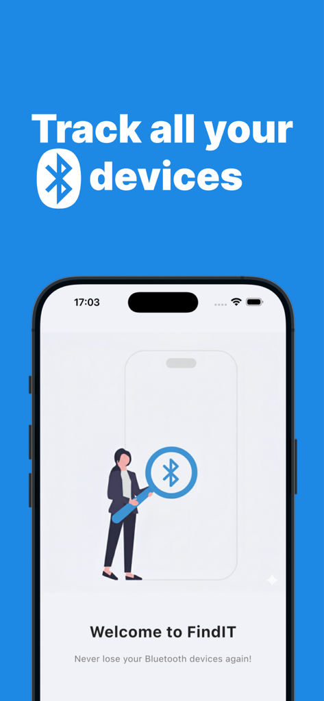 Findit - Find Bluetooth Device - Pantalla de bienvenida de la aplicación Findit mostrando a una persona usando una lupa para rastrear dispositivos Bluetooth