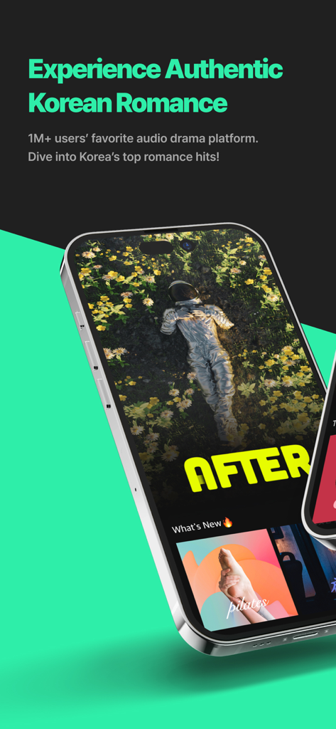 PLING : K-Drama Audio Stories - Pantalla de smartphone mostrando la interfaz de la aplicación PLING para auténticas historias de audio de romance coreano